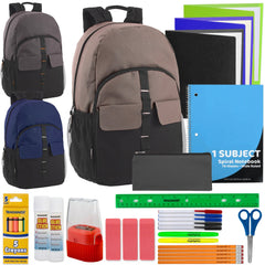18-inch Bulk Double Flap Daisy Chain Backpack with 30-Piece School Supply Kit - 3 Boys Colors