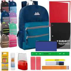 17-Inch Bulk Double Front Zippered Pocket Backpack with 20-Piece School Supplies Kit - 9 Colors