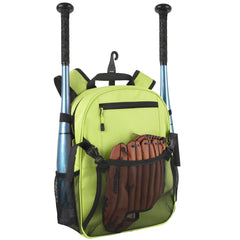 Youth Baseball & Softball Backpack with Bat + Glove Pockets - Lime Green
