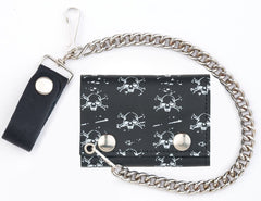 MULTI SKULL AND CROSS BONES TRIFOLD LEATHER WALLETS WITH CHAIN (Sold by the piece)