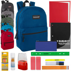 17-Inch Bulk Classic Backpack with 20-Piece School Supply Kit - 6 Colors