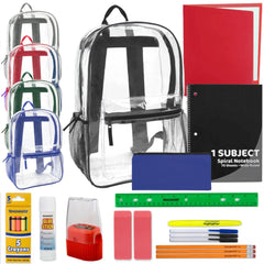 17-Inch Bulk Classic Clear Backpack with 20-Piece School Supply Kit - 5 Colors