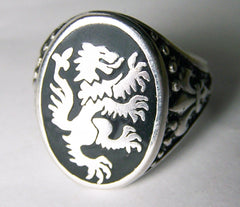 INLAYED GRIFFIN DRAGON SILVER DELUXE BIKER RING (Sold by the piece) *