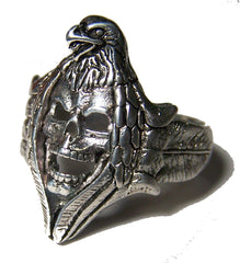 INDIAN SKULL W EAGLE HAT & FEATHER SIDES BIKER RING (Sold by the piece) *