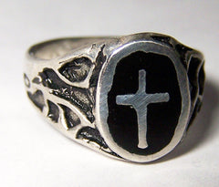 BLACK INLAYED CROSS SILVER DELUXE BIKER RING (Sold by the piece)