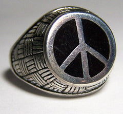 INLAYED BLACK PEACE SIGN SILVER DELUXE BIKER RING (Sold by the piece) *- CLOSEOUT AS LOW AS $ 2.95 EA