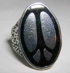 LARGE OVAL INLAYED PEACE SIGN SILVER DELUXE BIKER RING (Sold by the piece) *
