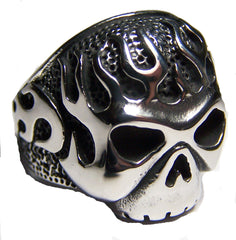 FLAMING SKULL HEAD STAINLESS STEEL BIKER RING ( sold by the piece )