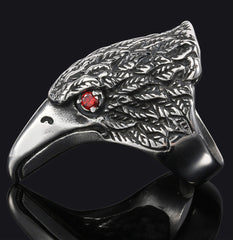 EAGLE HEAD W RED CRYSTAL EYES STAINLESS STEEL BIKER RING ( sold by the piece )