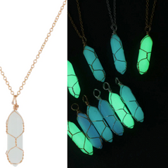 GLOW IN THE DARK BULLET SHAPE WIRE WRAPPED PENDANT ON GOLD 18" CHAIN NECKLACE ( sold by the piece or dozen)