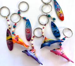 PAINTED WOODEN DOLPHIN AND SURFBOARD KEYCHAINS (Sold by the piece or dozen)