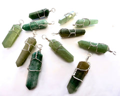 GREEN AVENTURINE WIRE WRAPPED CUT STONE PENDANTS ( sold by the piece, dozen or necklace)