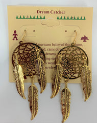 3INCH METAL DREAM CATCHER GOLD DANGLE EARRINGS WITH FEATHERS (SOLD BY THE PAIR)