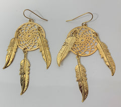 3INCH METAL DREAM CATCHER GOLD DANGLE EARRINGS WITH FEATHERS (SOLD BY THE PAIR)