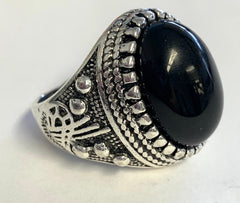 Round black stone engraved metal ring (sold by the piece)