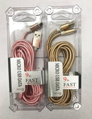 PREMIUM 9 FOOT mirco USB / ANDROID CLOTH LIGHTNING CABLE W CLEAR CASE (sold by the piece )