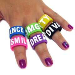 RUBBER SAYING WIDE BAND RINGS (Sold by the dozen) * CLOSEOUT * NOW ONLY .10 CENTS EACH