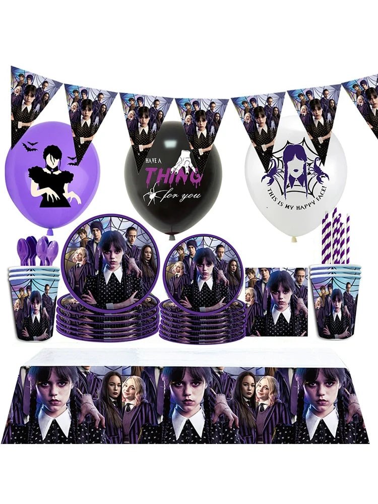 1707BA Wednesday Theme Birthday Party Layout Halloween Balloon Scene Decoration Disposable Tablecloth Plate Cutlery Paper - WHOLESALE USA SUPPLY