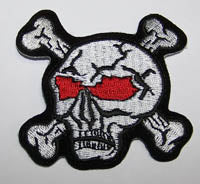 RED EYES SKULL & CROSS BONES 3 INCH PATCH ( sold by the piece ) CLOSEOUT AS LOW AS .75 CENTS EA