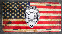 AMERICAN FLAG POLICE BADGE METAL LICENSE PLATE ( sold by the piece or dozen )