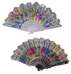 RAINBOW GLITTER FLOWER 9 INCH HAND FAN ( sold by the piece or dozen )
