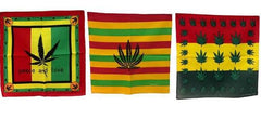 RASTA ASSORTED MARIJUANA LEAF DESIGN BANDANNA 21x21 100% COTTON ( sold by the piece or dozen )