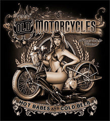 OLD MOTORCYCLES HOT BABES BLACK SHORT SLEEVE TEE-SHIRT (Sold by the piece)