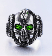 CRYSTAL GREEN EYE SKULL WITH SERPENT SNAKE METAL BIKER RING (sold by the piece)