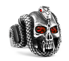 CRYSTAL RED EYE SKULL WITH SERPENT SNAKE METAL BIKER RING (sold by the piece)