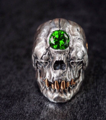 THIRD EYE GREEN CRYSTAL MUMMY SKULL METAL BIKER RING (sold by the piece)