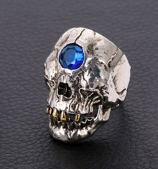 THIRD EYE BLUE CRYSTAL MUMMY SKULL METAL BIKER RING (sold by the piece)