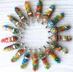 GLASS FLOWER 1 1/2" WIRE WRAPPED RAINBOW COLORED NECKLACE PENDANTS (sold by piece or dozen)
