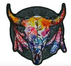 WILDFLOWER WATERCOLOR COW SKULL 3.5 X 3.5 INCH EMBROIDERED PATCH (sold by the piece )