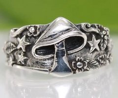 MUSHROOM FLOWERS AND STARS METAL BIKER RING ( sold by the piece)