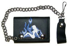 TRUCKER MUDFLAP GIRL BLUE FLAMES TRIFOLD LEATHER WALLETS WITH CHAIN (Sold by the piece)