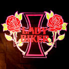 LADY BIKER WITH ROSES IRON CROSS CLOTH 45 INCH WALL BANNER / FLAG (Sold by the piece)-* CLOSEOUT $2.95 EA