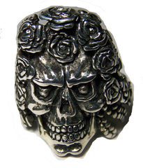 SKULL HEAD WITH ROSE HAIR BIKER RING (Sold by the piece) **- CLOSEOUT AS LOW AS $ 2.50 EA