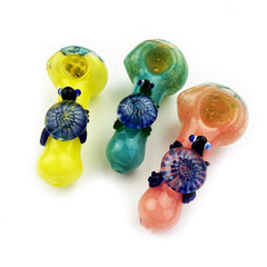 4.5" Hand Pipe Frit Glass Honeycomb Head, Turtle Art