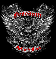 FREEDOM BEHIND BARS MOTORCYCLE SKULL WINGS SHORT SLEEVE TEE-SHIRT (Sold by the piece)