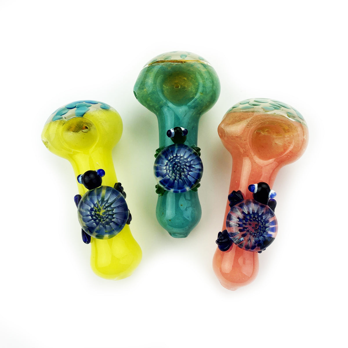 4.5" Hand Pipe Frit Glass Honeycomb Head, Turtle Art