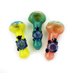 4.5" Hand Pipe Frit Glass Honeycomb Head, Turtle Art