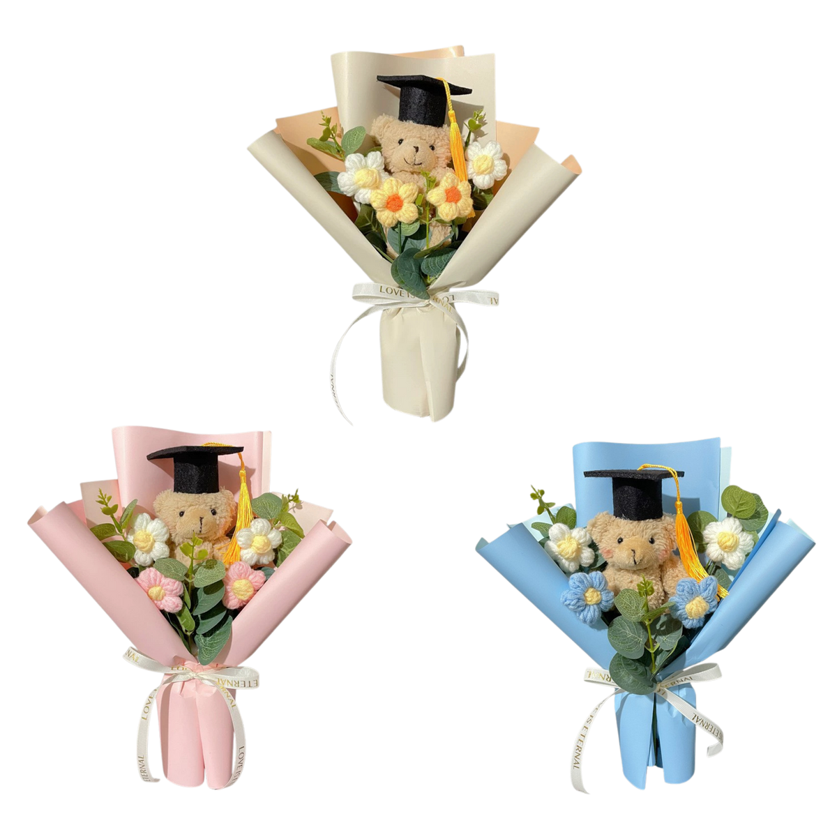 Graduation Bear Crochet Flower Bouquet