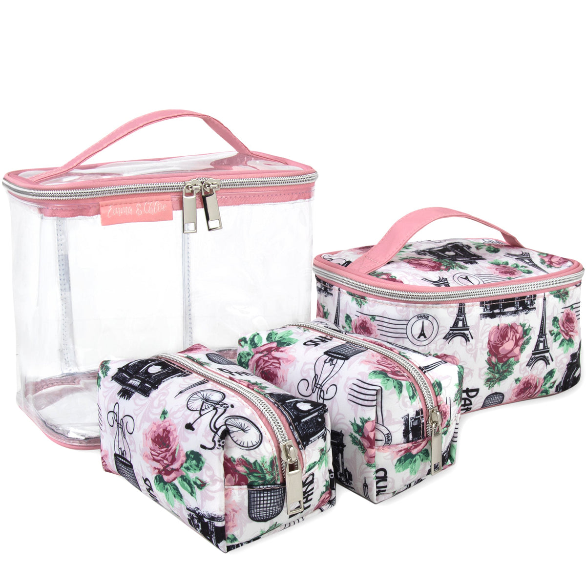 4 Piece Paris & Roses Print Cosmetic Set