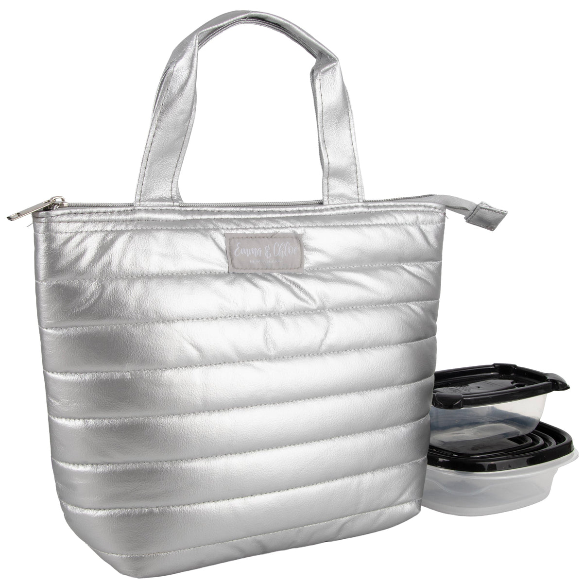 Quilted Metallic Lunch Tote Set with 2 Reusable Containers - Silver