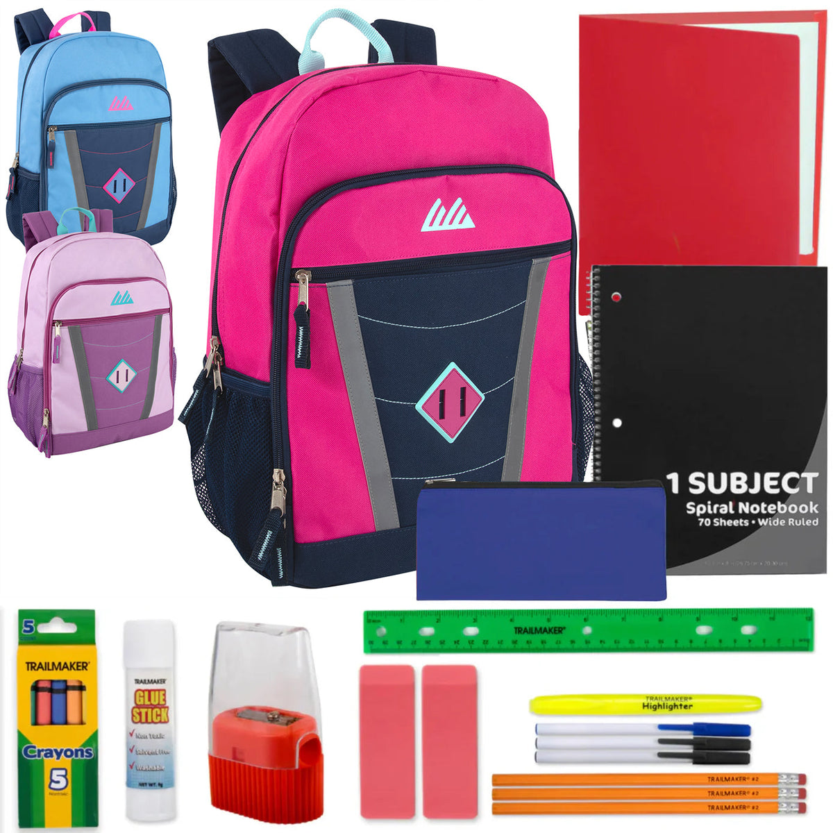 18-inch Multi-Pocket Reflective Backpack with 20-Piece School Supply Kit - Girls
