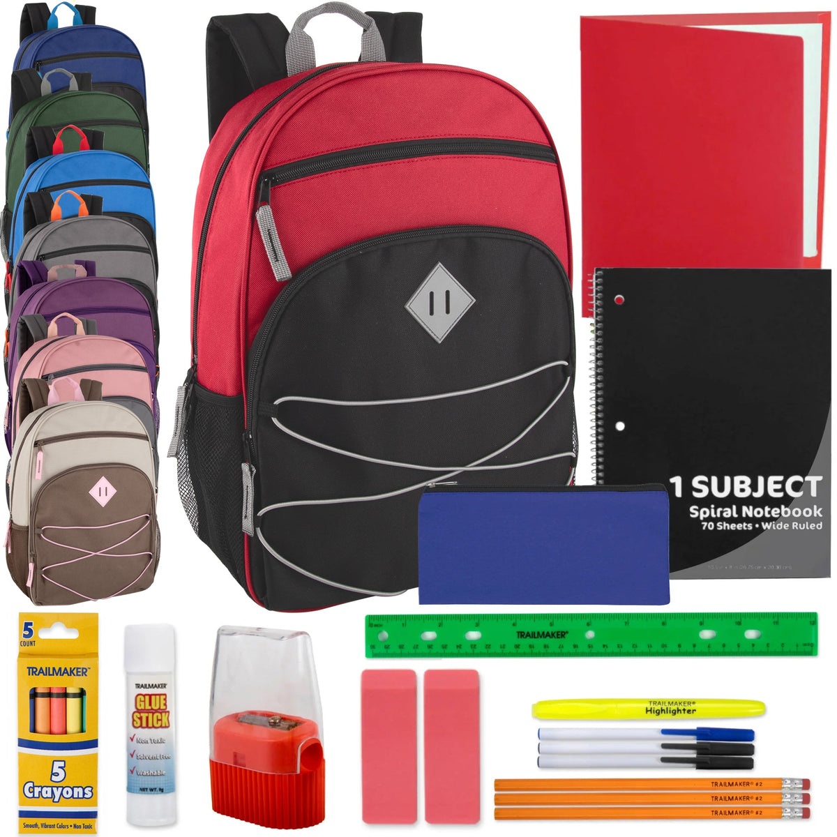 17-inch Multi-Pocket Bungee Backpack with 20-Piece School Supply Kit - 8 Colors