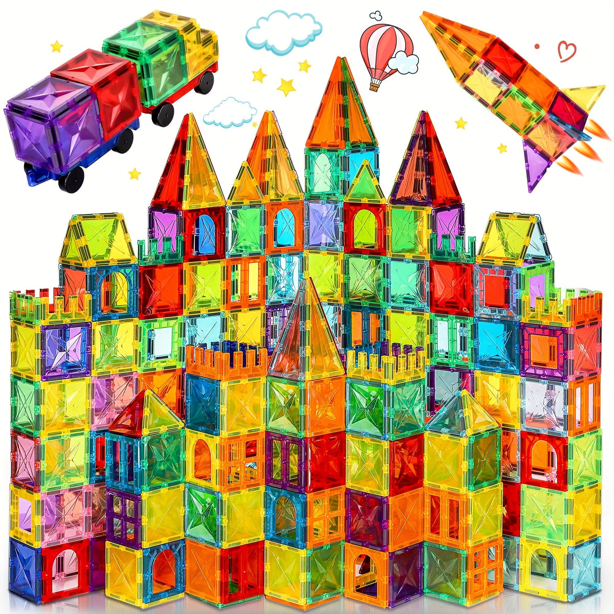 10407TA 20PCS Deluxe Magnetic Tiles with 2 Cars Toy Set, 3D Diamond Magnet Tiles Building Blocks, Montessori Toys for 3 - 8 Years, STEM Preschool Kids Sensory Educational Toys Gift for Boys Girls