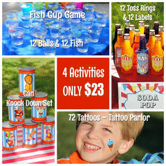 Carnival Party Games Set (Can Knock Down, Fish Game, Ring Toss, & Kids Tattoos)