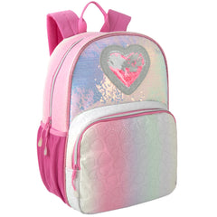 17-inch Bulk Pink Heart Quilted Girl's Backpack with Heart-Shaped Confetti