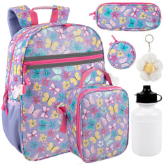 6-in-1 Butterfly Themed Printed Backpacks Including bottle, Lunch Bag, Pencil Case & Accessory Pouch